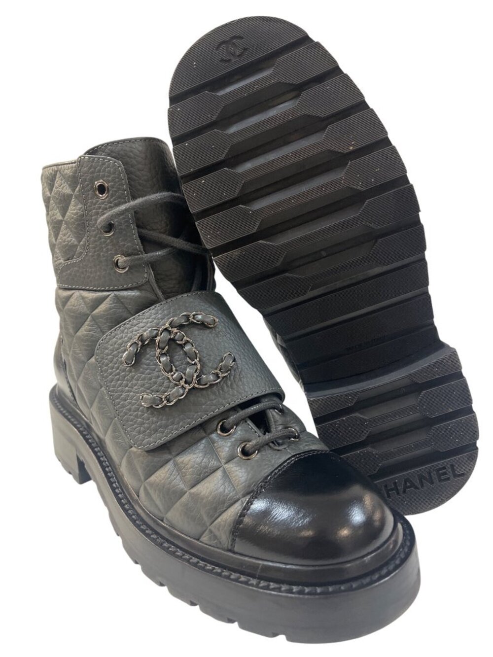 B-8. Chanel Quilted Combat Boot IT 37 US 6.5 Gray Black - Picture 7 of 16